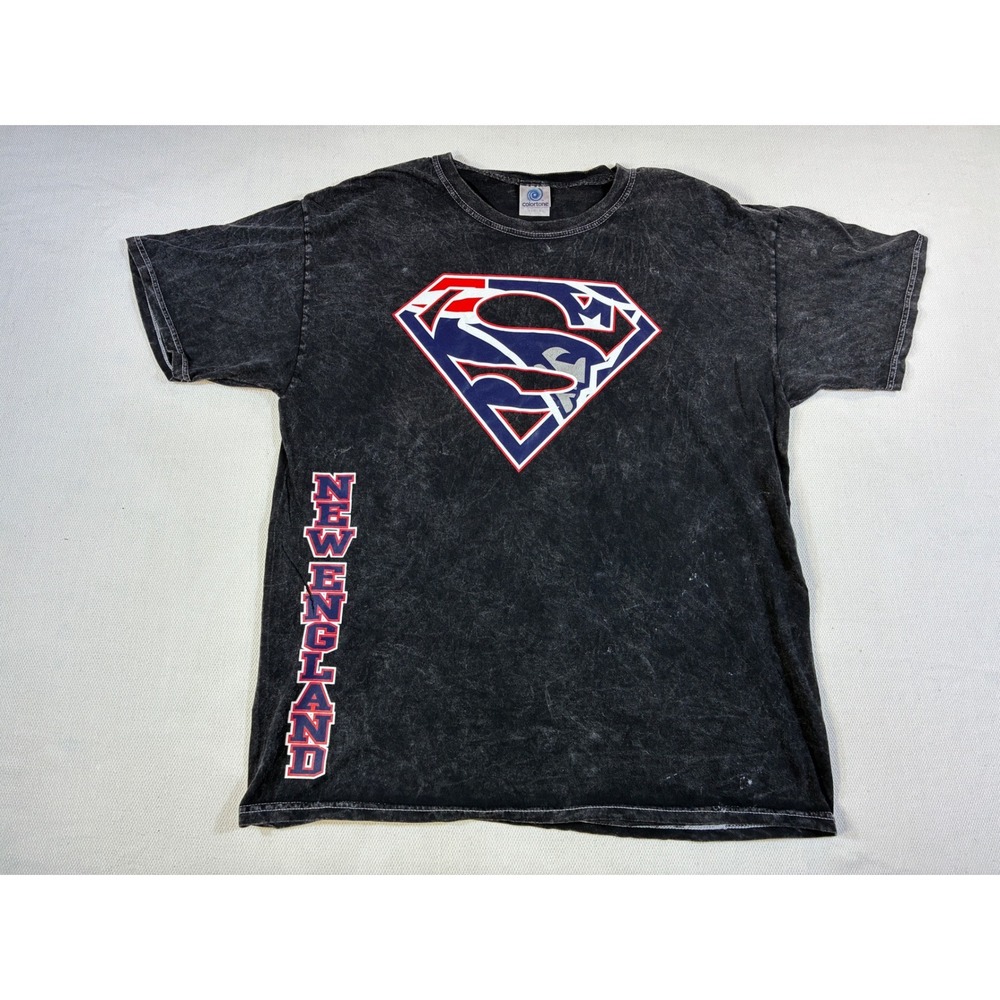 New England Patriots Superman T-Shirt Mens Large Colortone Acid Wash Black L